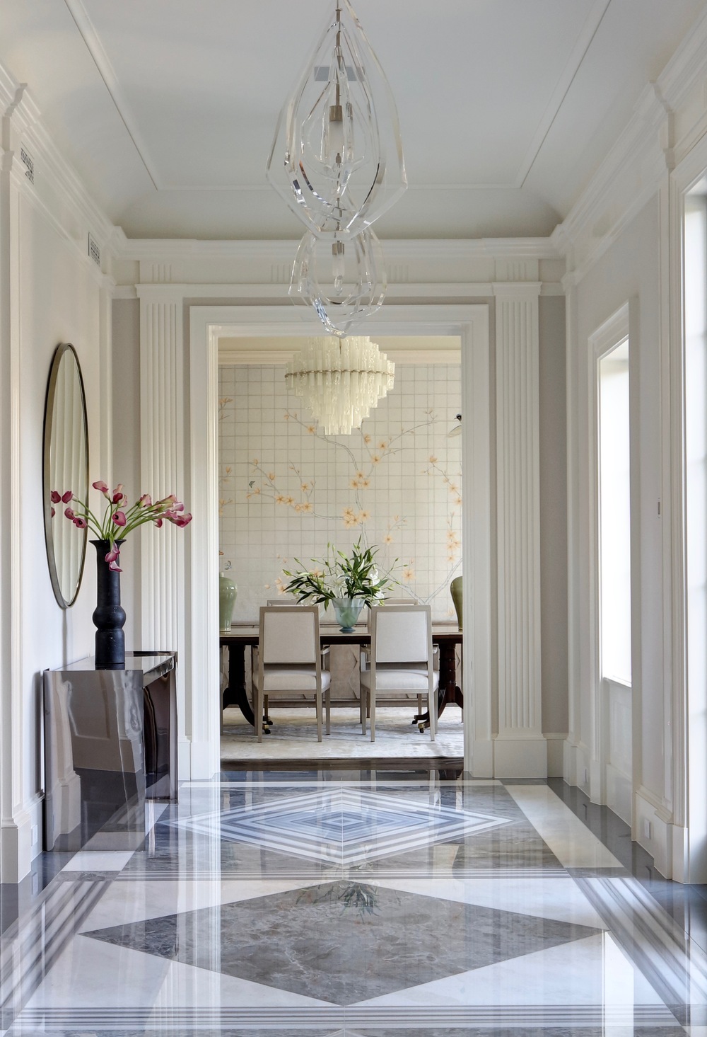 Beverly Hills entrance gallery looking towards dining room with Chinese hand painted silver leaf wallpaper